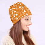 Orange Paw And Bone Pattern Print Beanie