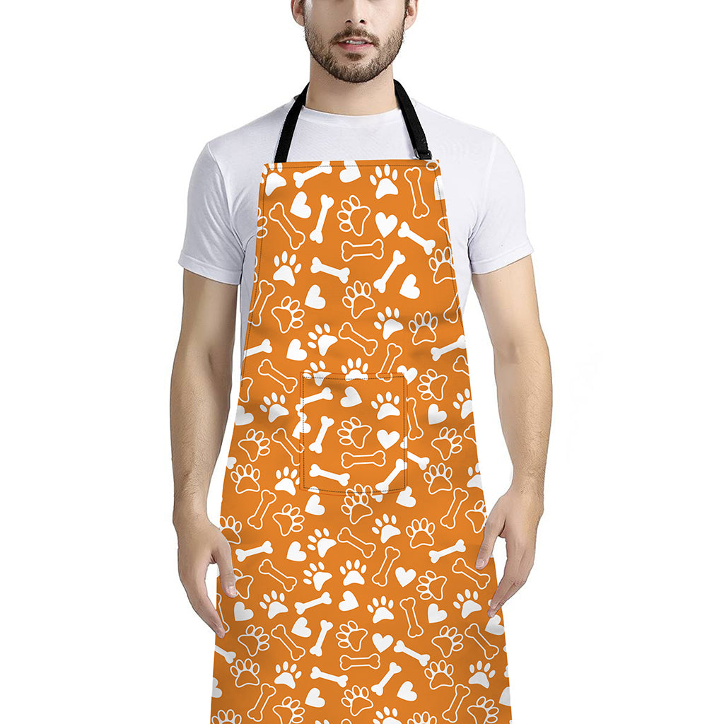 Orange Paw And Bone Pattern Print Bib Apron With Pocket