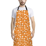 Orange Paw And Bone Pattern Print Bib Apron With Pocket