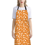 Orange Paw And Bone Pattern Print Bib Apron With Pocket