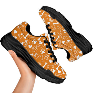 Orange Paw And Bone Pattern Print Black Chunky Shoes