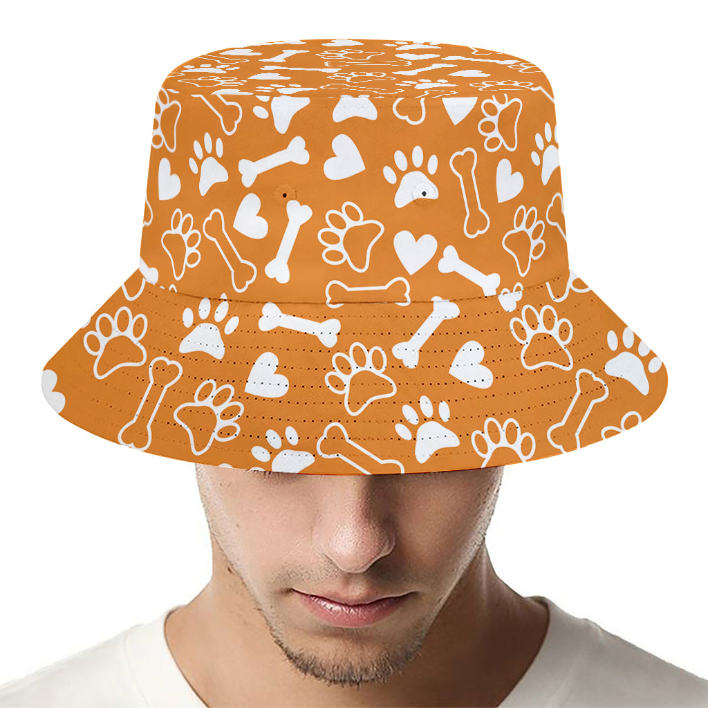 Orange Paw And Bone Pattern Print Bucket Hat
