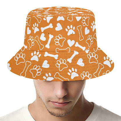 Orange Paw And Bone Pattern Print Bucket Hat