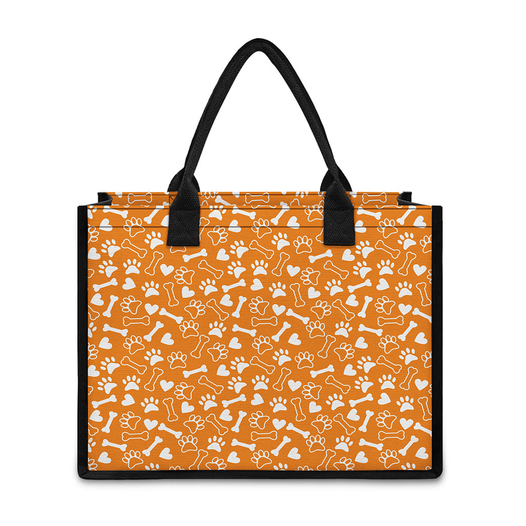 Orange Paw And Bone Pattern Print Canvas Tote Bag
