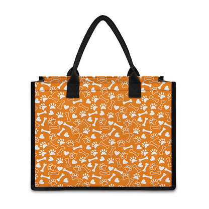 Orange Paw And Bone Pattern Print Canvas Tote Bag