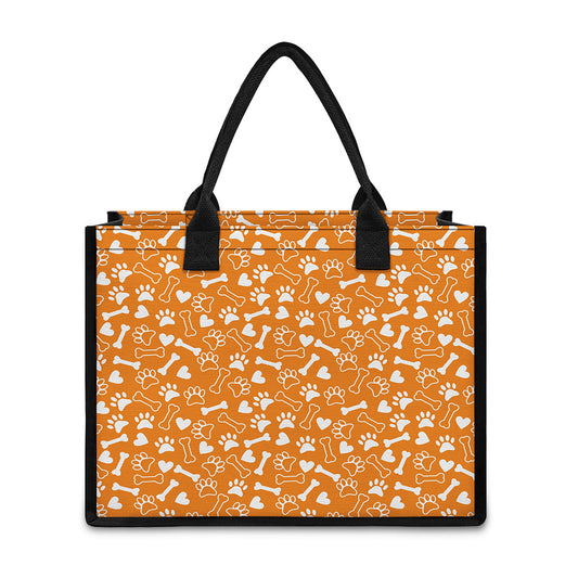 Orange Paw And Bone Pattern Print Canvas Tote Bag