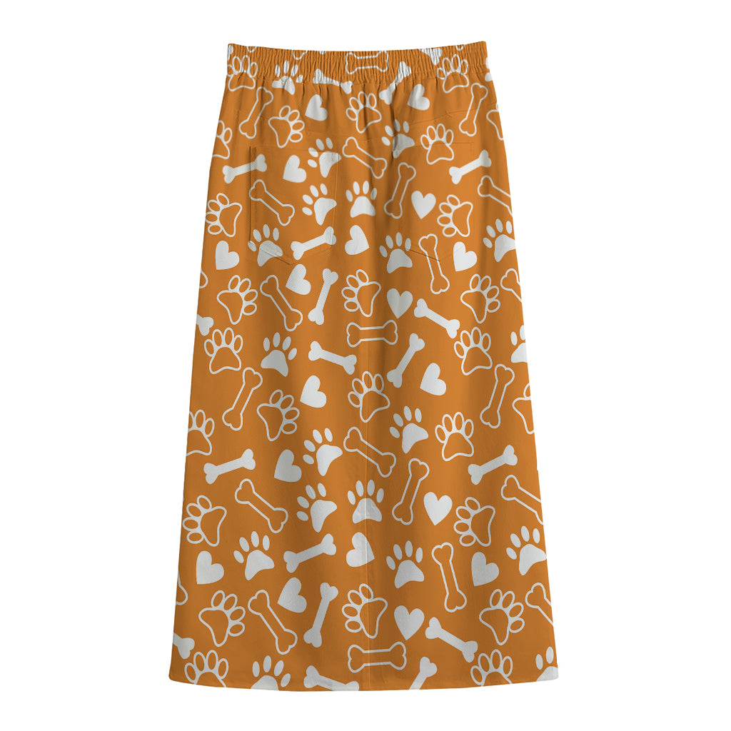 Orange Paw And Bone Pattern Print Cotton Front Slit Maxi Skirt