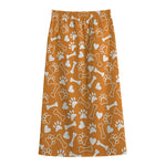 Orange Paw And Bone Pattern Print Cotton Front Slit Maxi Skirt