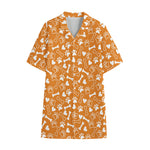 Orange Paw And Bone Pattern Print Cotton Hawaiian Shirt