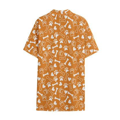 Orange Paw And Bone Pattern Print Cotton Hawaiian Shirt