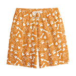 Orange Paw And Bone Pattern Print Cotton Shorts