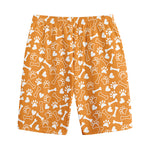 Orange Paw And Bone Pattern Print Cotton Shorts