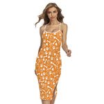Orange Paw And Bone Pattern Print Cross Back Cami Dress