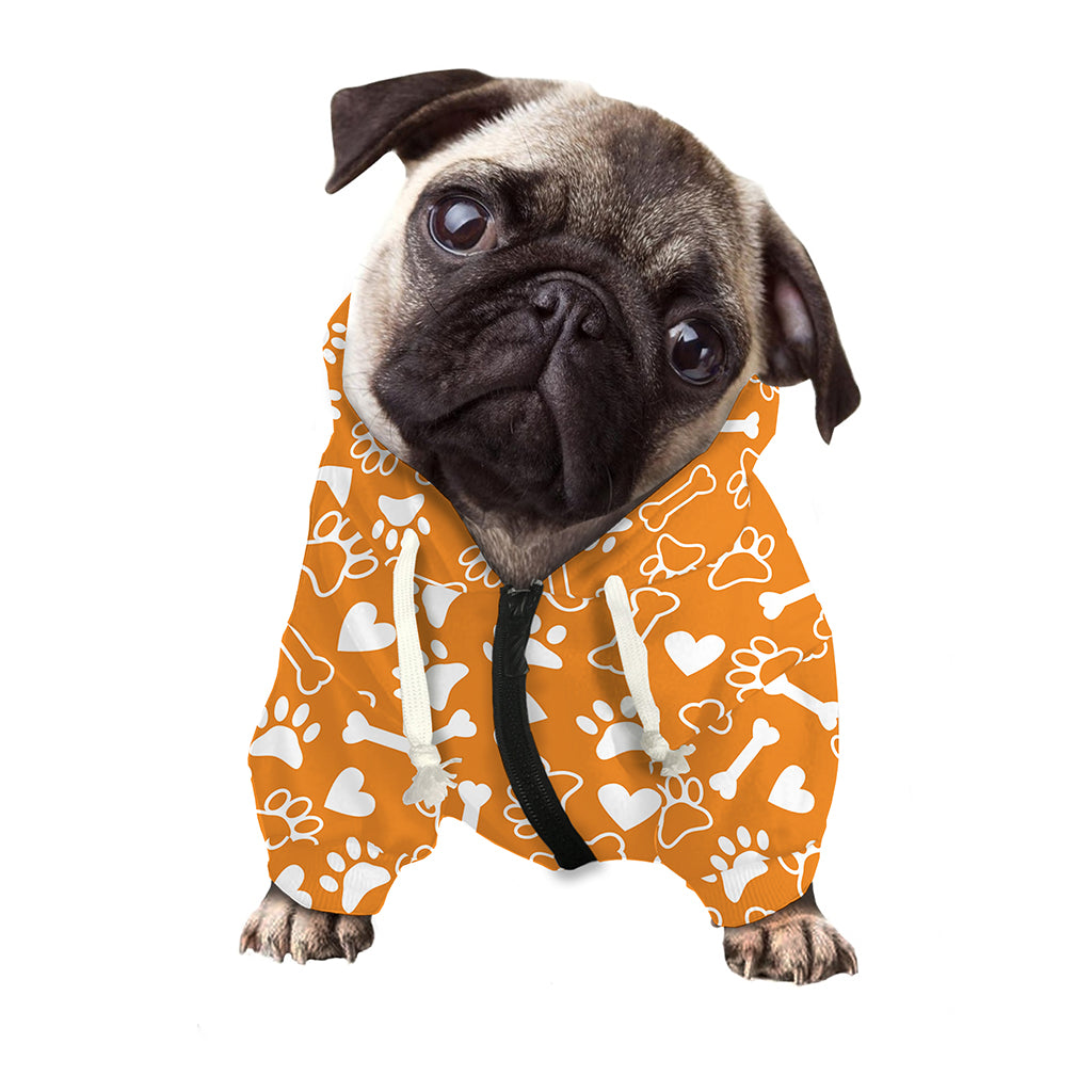 Orange Paw And Bone Pattern Print Dog Zip Up Hoodie