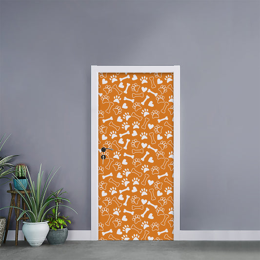 Orange Paw And Bone Pattern Print Door Sticker