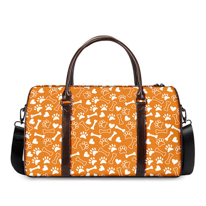 Orange Paw And Bone Pattern Print Duffle Bag