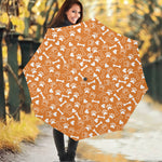 Orange Paw And Bone Pattern Print Foldable Umbrella