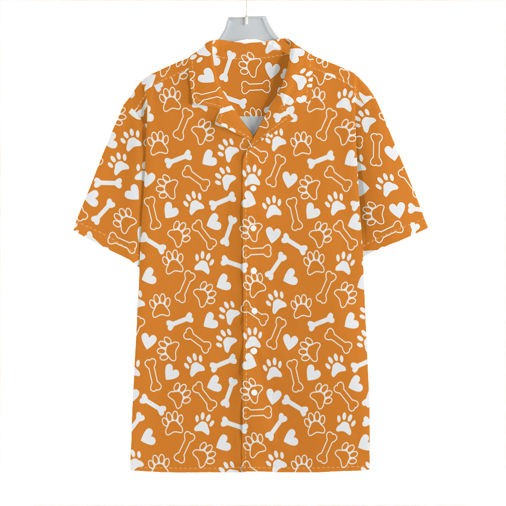 Orange Paw And Bone Pattern Print Hawaiian Shirt