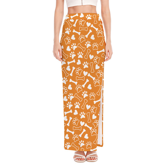 Orange Paw And Bone Pattern Print High Slit Maxi Skirt