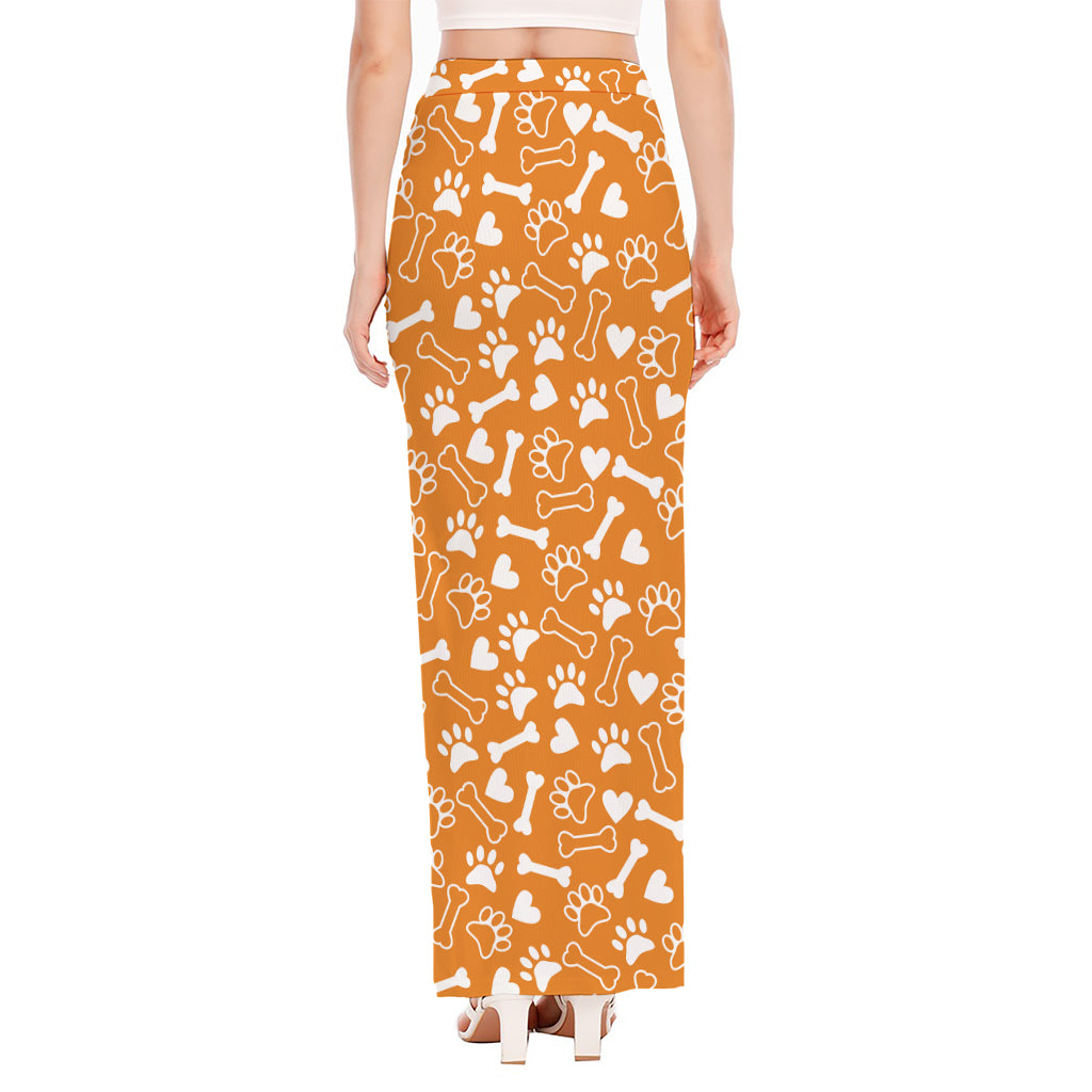 Orange Paw And Bone Pattern Print High Slit Maxi Skirt