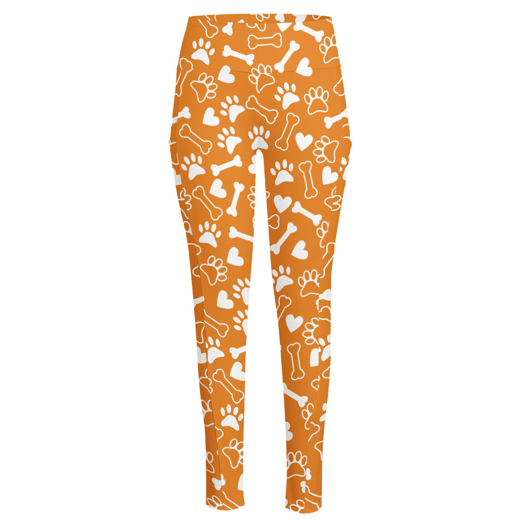 Orange Paw And Bone Pattern Print High-Waisted Pocket Leggings