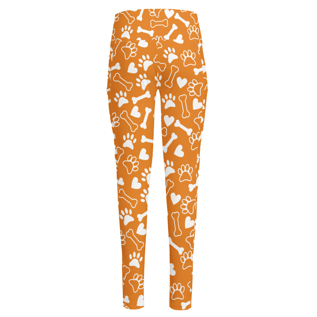 Orange Paw And Bone Pattern Print High-Waisted Pocket Leggings