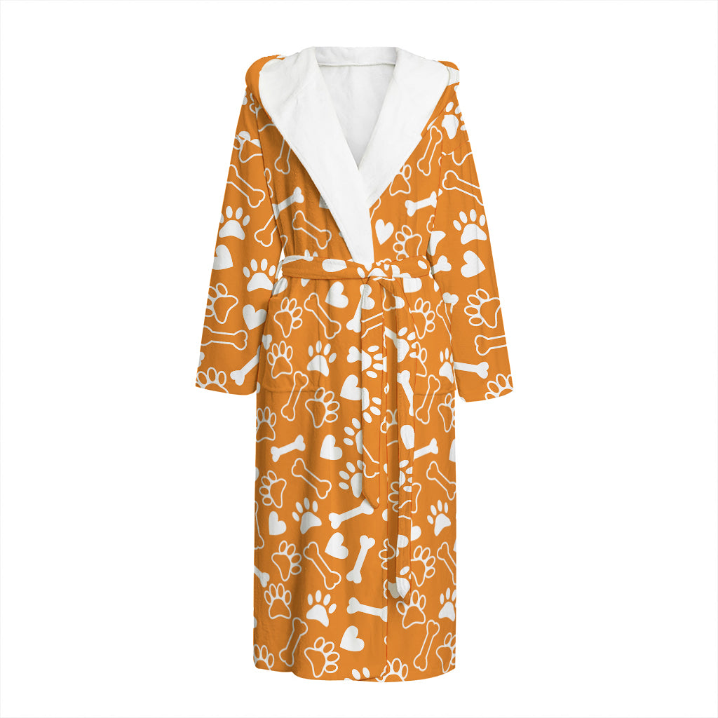 Orange Paw And Bone Pattern Print Hooded Bathrobe