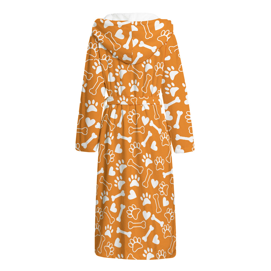 Orange Paw And Bone Pattern Print Hooded Bathrobe