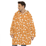 Orange Paw And Bone Pattern Print Hoodie Blanket