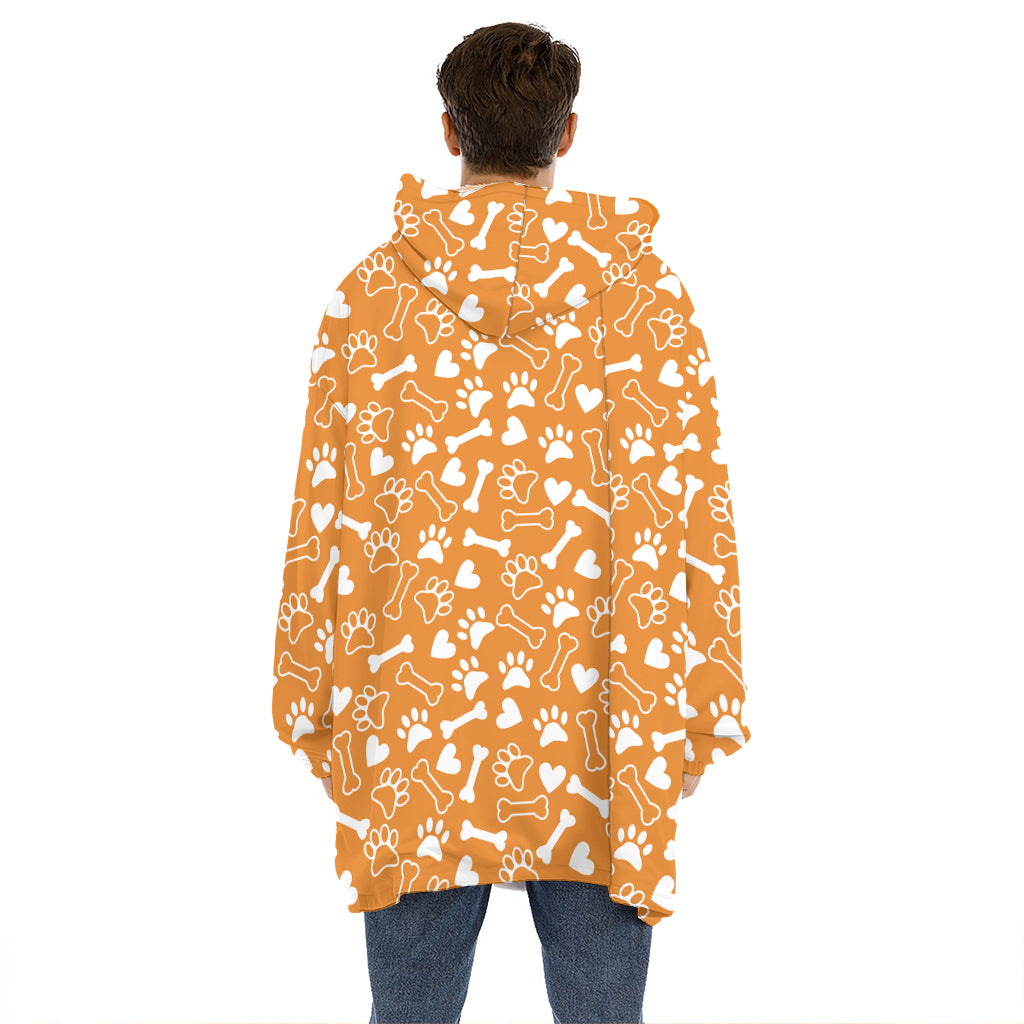 Orange Paw And Bone Pattern Print Hoodie Blanket