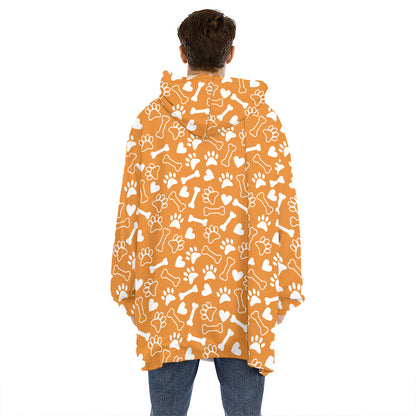 Orange Paw And Bone Pattern Print Hoodie Blanket