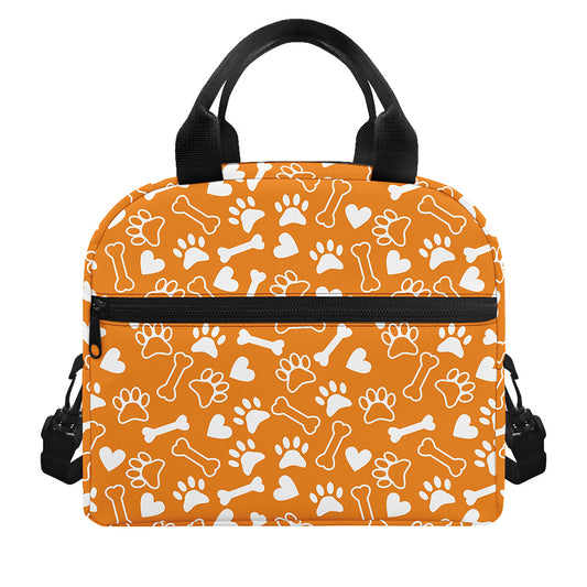 Orange Paw And Bone Pattern Print Insulated Lunch Bag