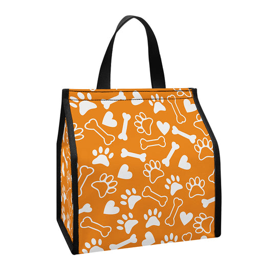 Orange Paw And Bone Pattern Print Insulated Lunch Tote