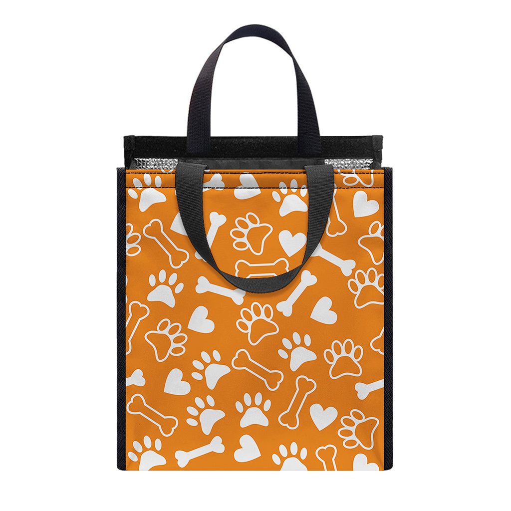 Orange Paw And Bone Pattern Print Insulated Lunch Tote