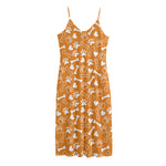 Orange Paw And Bone Pattern Print Jersey Midi Cami Dress