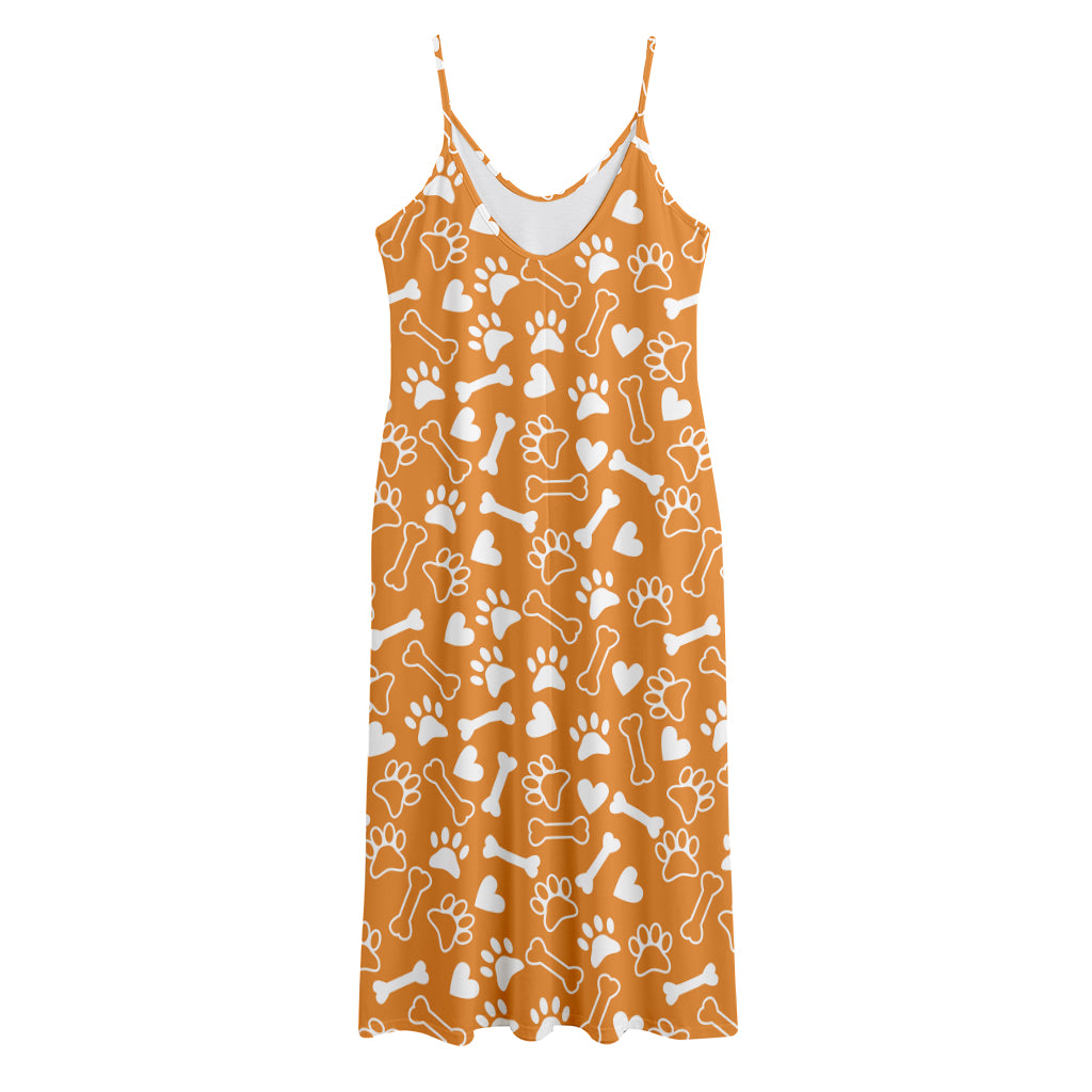 Orange Paw And Bone Pattern Print Jersey Midi Cami Dress