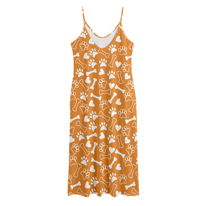 Orange Paw And Bone Pattern Print Jersey Midi Cami Dress