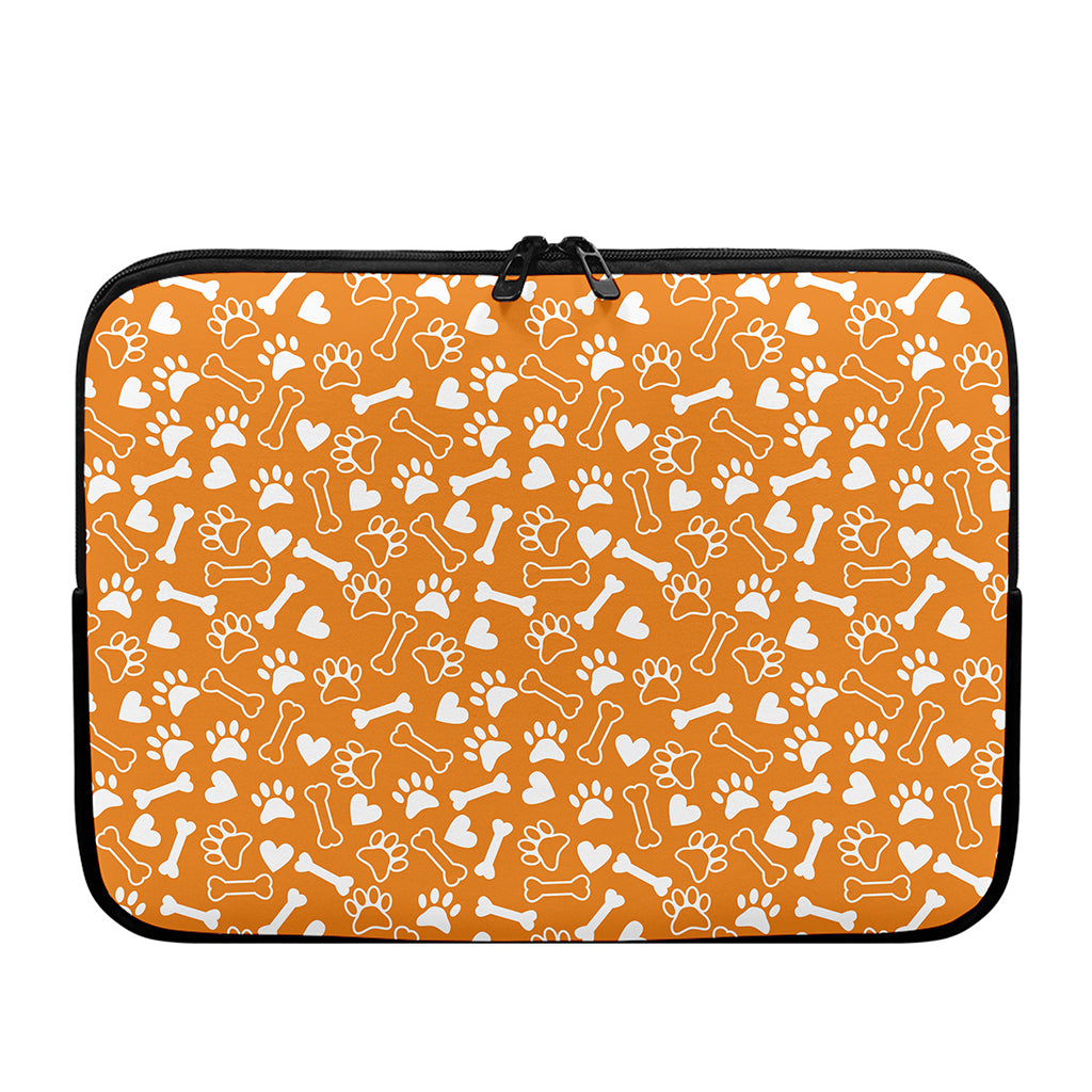 Orange Paw And Bone Pattern Print Laptop Sleeve