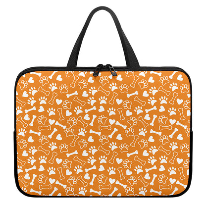 Orange Paw And Bone Pattern Print Laptop Sleeve With Handle