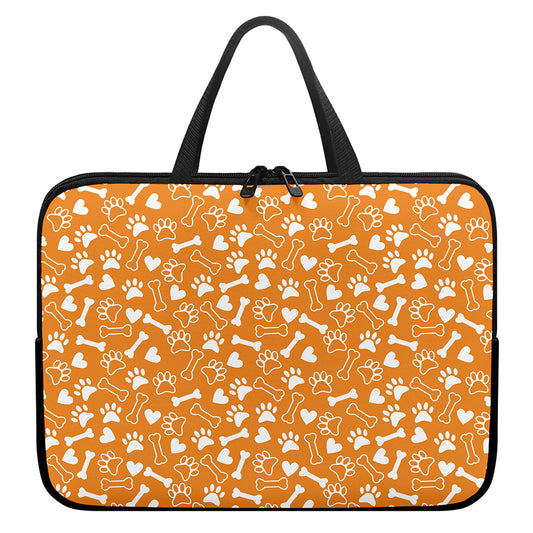 Orange Paw And Bone Pattern Print Laptop Sleeve With Handle