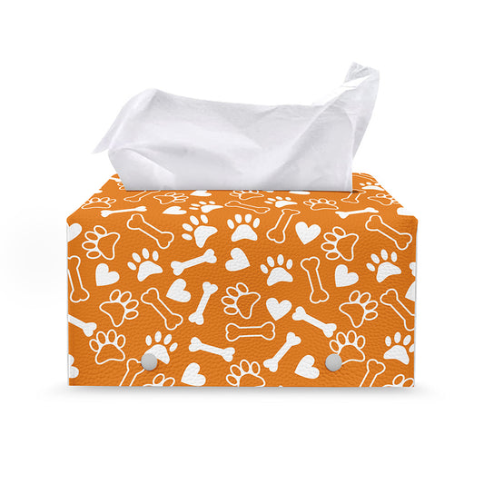 Orange Paw And Bone Pattern Print Leather Tissue Box Cover