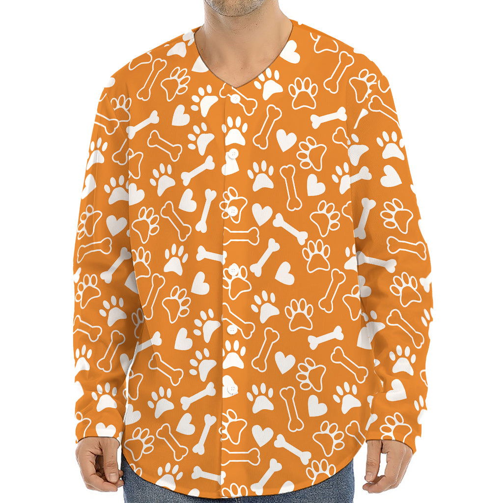 Orange Paw And Bone Pattern Print Long Sleeve Baseball Jersey