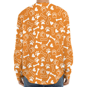 Orange Paw And Bone Pattern Print Long Sleeve Baseball Jersey