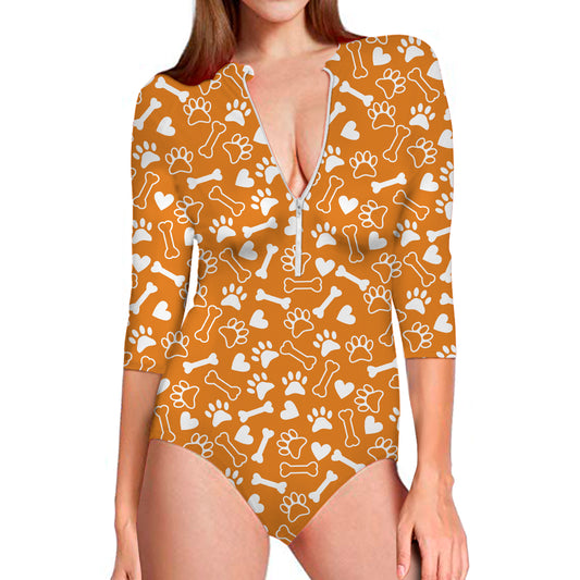 Orange Paw And Bone Pattern Print Long Sleeve Swimsuit