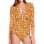 Orange Paw And Bone Pattern Print Long Sleeve Swimsuit