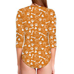 Orange Paw And Bone Pattern Print Long Sleeve Swimsuit