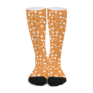 Orange Paw And Bone Pattern Print Long Socks