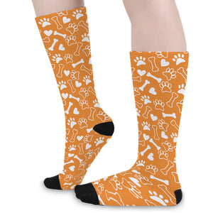 Orange Paw And Bone Pattern Print Long Socks