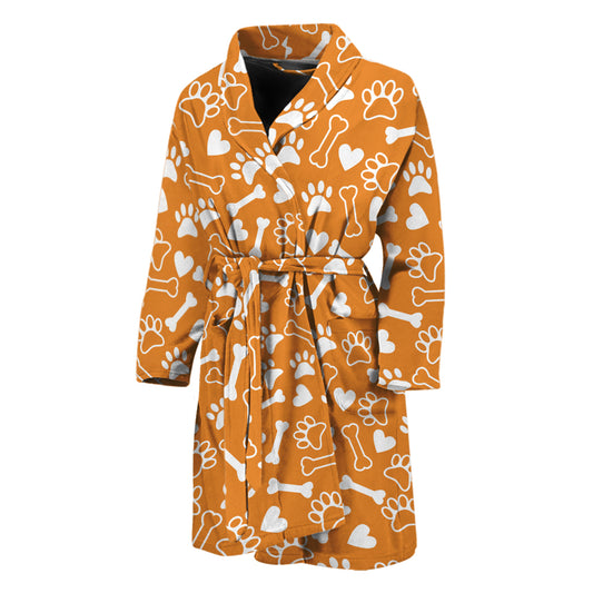 Orange Paw And Bone Pattern Print Men's Bathrobe