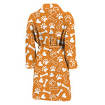 Orange Paw And Bone Pattern Print Men's Bathrobe